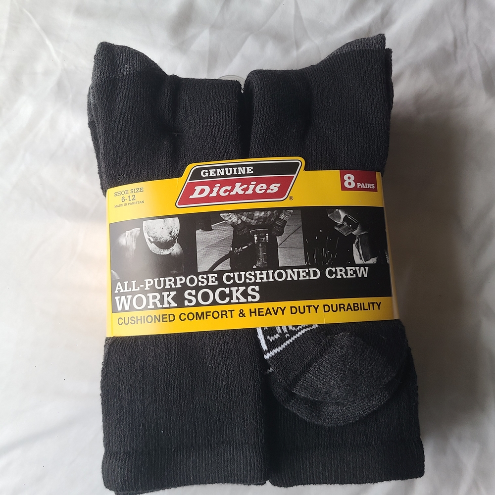 Dickies Black All-Purpose Cushioned Crew Work Socks, 8 Pair NWT